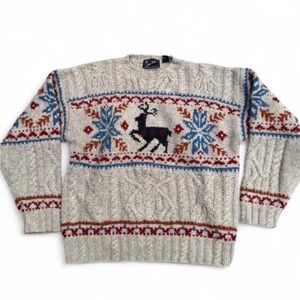 American Eagle Outfitters Gray Sweater with Reindeer and Snowflake Design